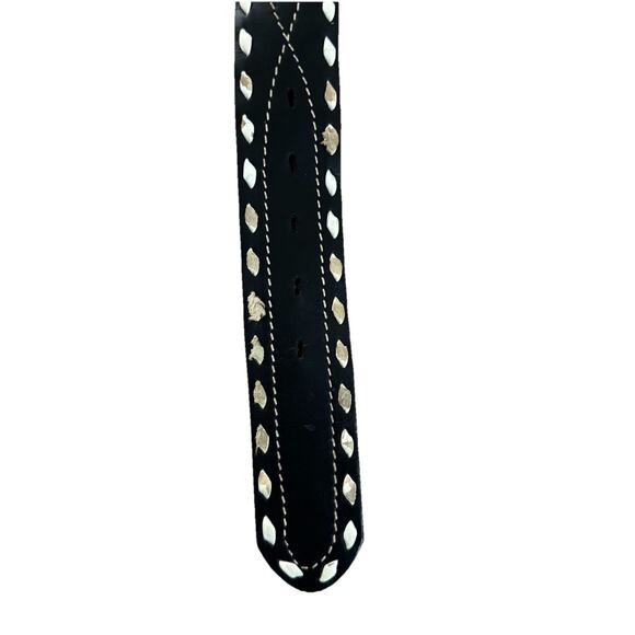 Black Leather Studded Belt Silver Buckle 34” Length - Picture 2 of 3